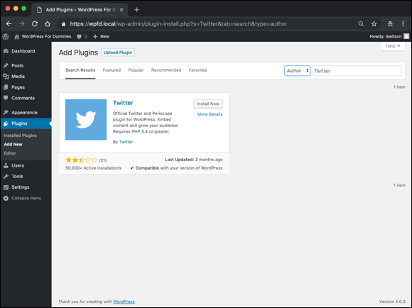 Screenshot of the Add Plugins screen displaying the search results for the Twitter plugin.