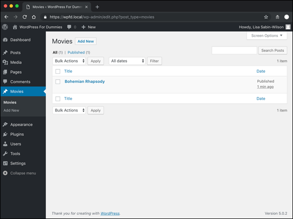 Screenshot displaying the Custom Post Type page and menu item in the WordPress Dashboard.