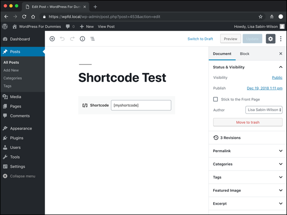 Screenshot of the Shortcode Test page in the WordPress Dashboard screen displaying a simple shortcode.