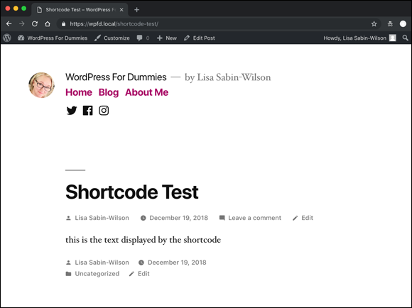 Screenshot displaying the Shortcode Test page, where the shortcode is replaced by the returned value of the shortcode function. 