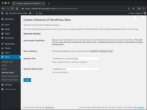 Screenshot displaying the Network details section of the Create a Network of WordPress Sites screen in the WordPress Dashboard with options to be filled in.