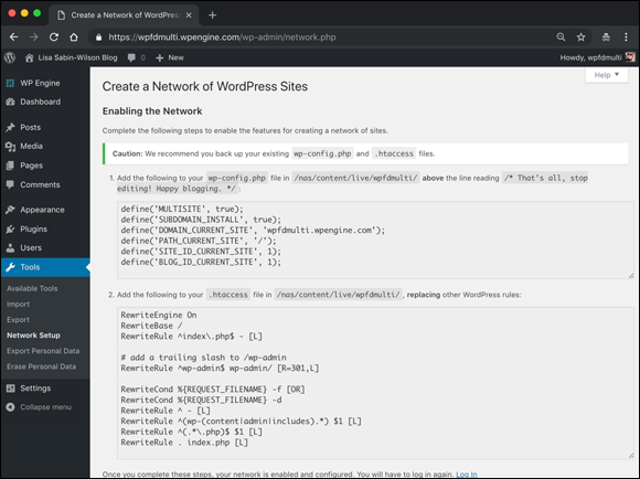 Screenshot displaying the Enabling the Network section of the Create a Network of WordPress Sites screen in the WordPress Dashboard with network-related configuration lines.