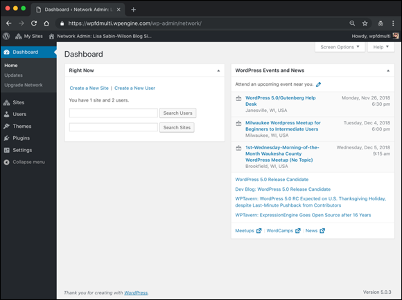 Screenshot of the Network Admin Dashboard with options including creating a site, creating a user, and searching existing sites and users.