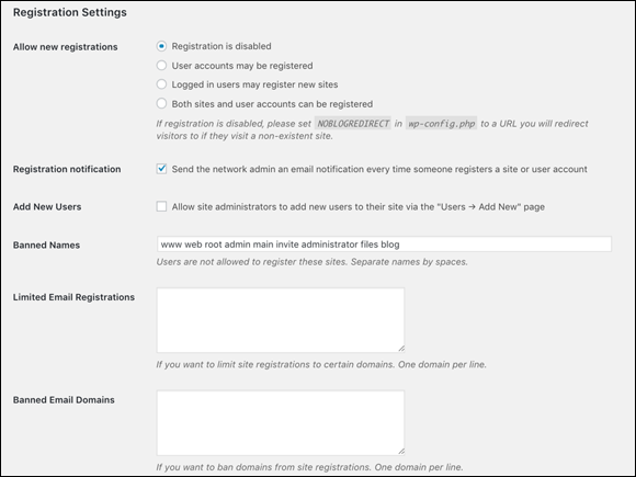 Screenshot of the Registration Settings section of the Network Settings screen that allows to control aspects of allowing users to sign up to a network.