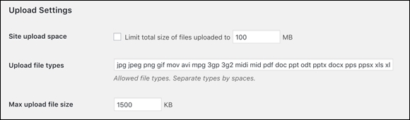 Screenshot of the Upload Settings section of the Network Settings screen that defines global values pertaining to the type of files to be allowed for site owners within a network.