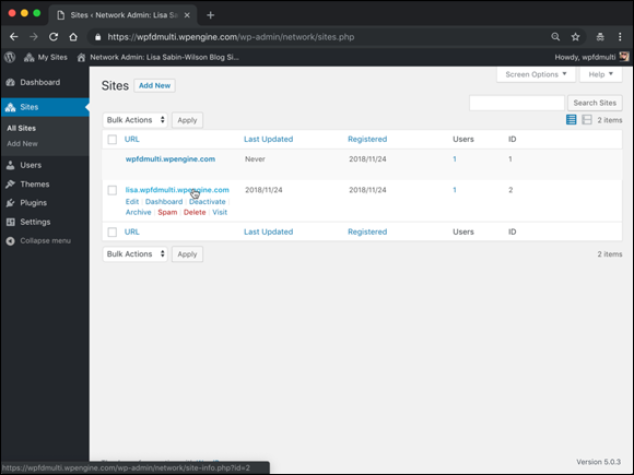 Screenshot displaying the site-management options on the Sites screen with a handy listing of links that help the user manage the site.