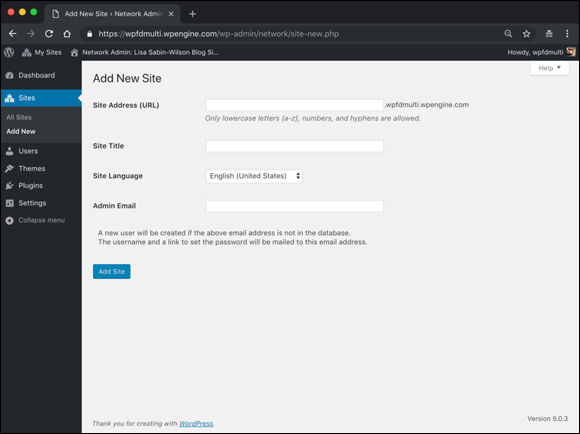 “Screenshot displaying the Add New Site screen of the Network Admin Dashboard to fill in the Site Address (URL), Site Title, Site Language, and Admin Email fields.”