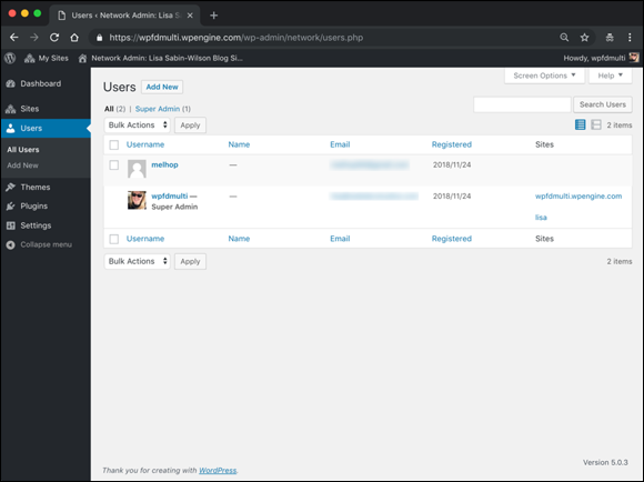 “Screenshot of the Users screen on the Network Admin Dashboard displaying a full list of members, or users, within the network.”