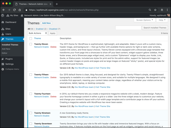 Screenshot of the Themes screen of the Network Admin Dashboard displaying a list of installed themes along with their descriptions.