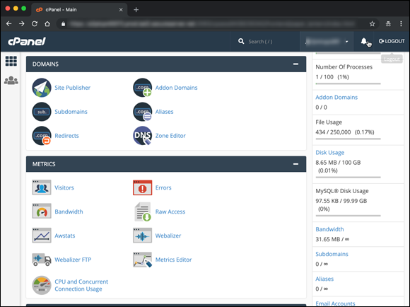 Screenshot displaying the Aliases icons of the Domains and Metrics in cPanel.