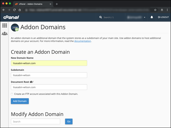 Screenshot of the Addon Domains page to create an Addon Domain information in cPanel or modify an Addon Domain.