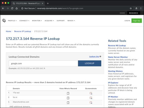 Screenshot of the Reverse IP record revealing the IP address of Google.com and the results of more than 3 domains hosted on the IP address.