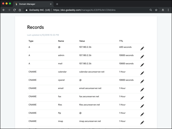 Screenshot of the Domain Manager screen displaying the list of Domain A records.