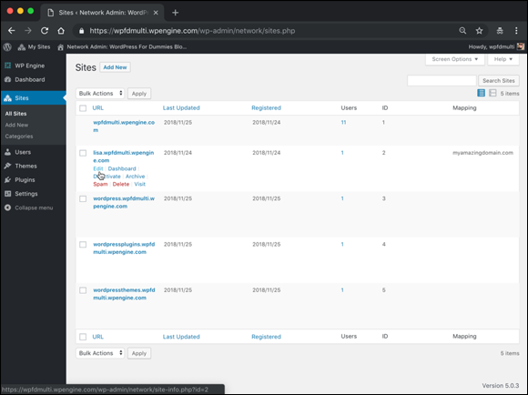 Screenshot of the Sites page for mapping a domain from the Domain Mapping: Domains page.