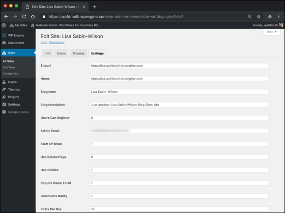 Screenshot displaying the Edit Site page of the Network Admin Dashboard to be filled in by the user.