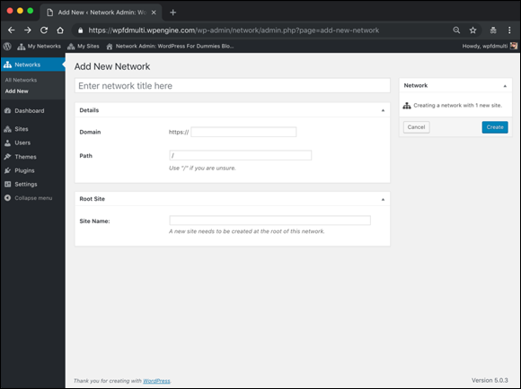 Screenshot displaying the Add New Network screen in the Network Admin Dashboard to be filled in by the user.