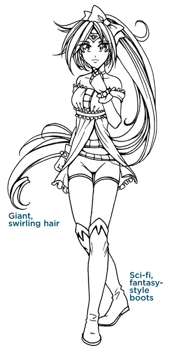 Giant, swirling hair. Sci-fi, fantasy-style boots.