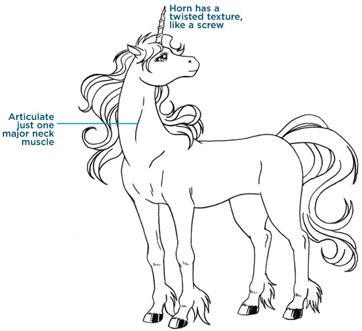 Horn has a twisted texture, like a screw. Articulate just one major neck muscle.