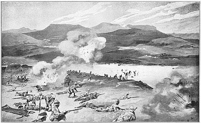 THE BATTLE OF COLENSO—THE DUBLIN FUSILIERS ATTEMPT TO FORD THE TUGELA. Drawing by Rene Bull and Enoch Ward, R.B.A.