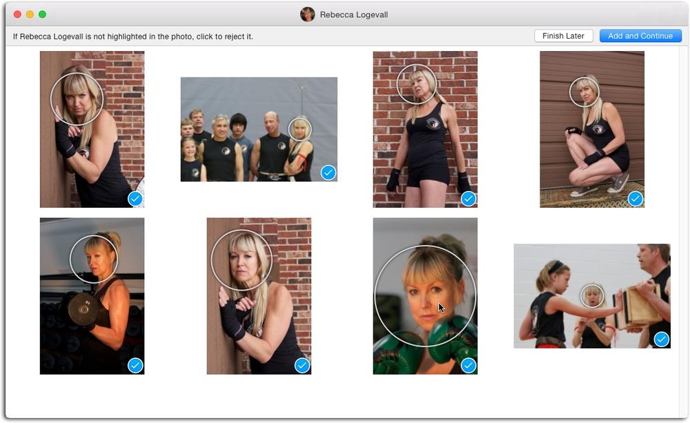Here are the pictures that Photos thinks Rebecca is in. Point your cursor at one of the circles to enlarge that area to get a better look at the person in the picture, as shown here in the third thumbnail in the second row.