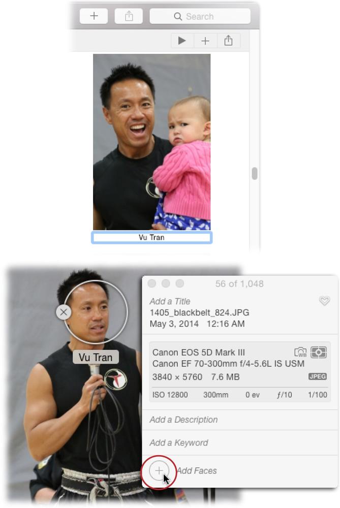 Top: If the person exists in your Contacts app, then as you type, you see a list of names you can choose from.Bottom: When it encounters a face or you click the + circled here, Photos adds a naming circle to your image. You can drag the circle to reposition it so it’s positioned over the face in your picture. If a naming circle appears in an area that isn’t a face, click the X to delete it.As of this writing, you can’t add other details to a face such as an email address, which means that the pictures you post onto Facebook using Photos aren’t automatically tagged with the people in them.