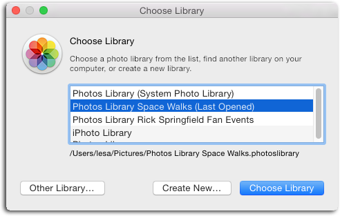 This dialog box shows all the libraries it can find on your system. You can click Other Library to search for ones Photos hasn’t located, or click Create new to do just that. Be sure to use a unique name so you can tell your libraries apart.This list shows you which library is designated as the all-important System Photo Library (page 13). Here, it’s the top one.