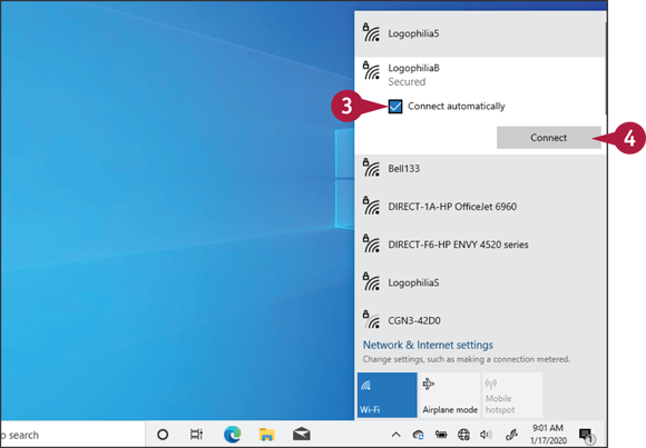 Snapshot of enabling Windows connect to the network automatically option.