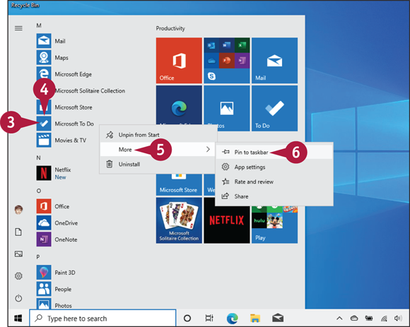 Snapshot of using either the Start menu tiles or the
apps list to locate the app that the user want to pin to the taskbar.