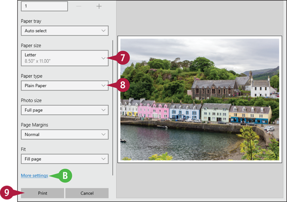 Snapshot of the print pane in which the paper type of the printout is to be chosen.