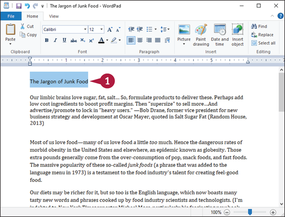 Snapshot of a WordPad document from which a sentence is selected.