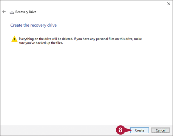 Snapshot of the Recovery Drive Wizard warns that all the data on the drive will be deleted.