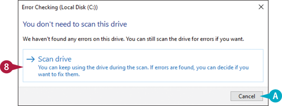 Snapshot of the error checking prompt box with the option of scan drive and a cancel button.