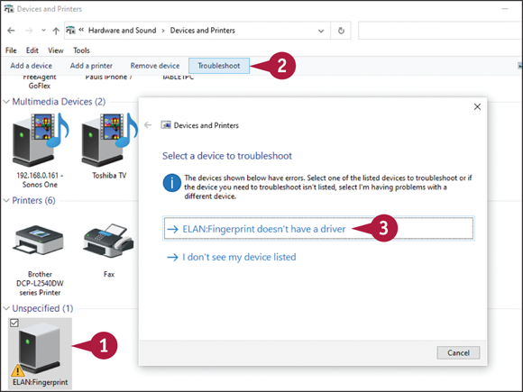 Snapshot of the troubleshoot window for checking the errors in the devices that lets to choose a device from the list.