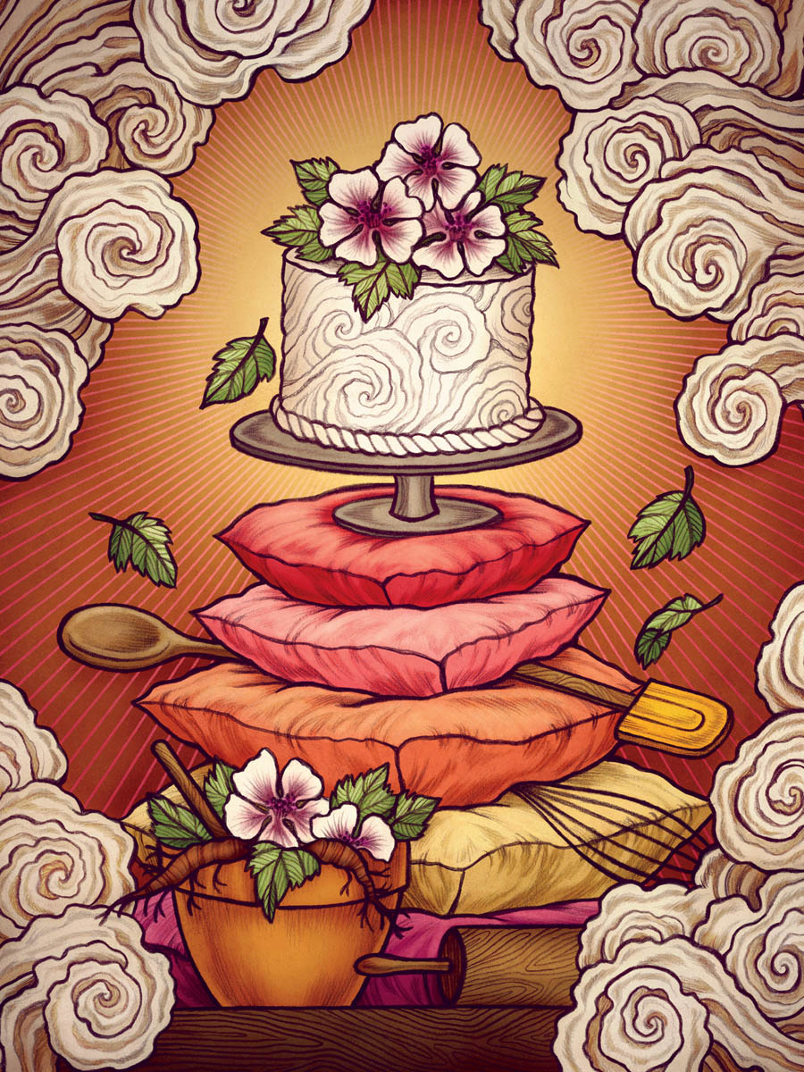 The artwork for the Marshmallow card, featuring marshmallow leaves and flowers atop a wedding cake, balanced on a stack of pillows and baking tools, with another bowl of marshmallow flowers, leaves, and roots beside it.