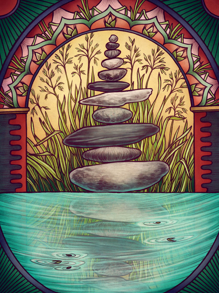 The artwork for the Oats card, featuring a cairn of rocks reflected over a pond, with oats growing behind it.