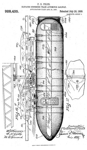 Figure 3.5. Illustration from Fletcher E. Felts's patent for a Suspended Track Automotor railway, 1909.