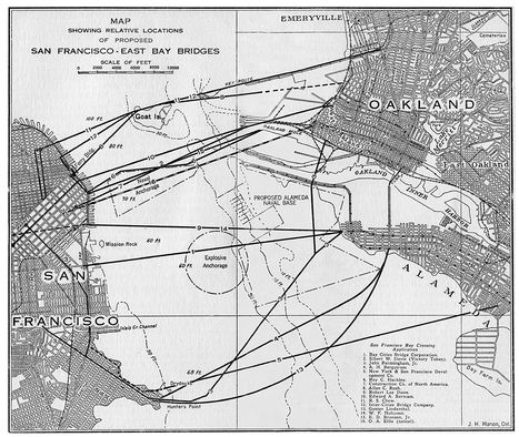 Figure 3.12. Locations of proposed San Francisco–East Bay Bridges as of 1927. Note location of Hunter's Point in the far south of San Francisco and that Goat Island was later renamed Yerba Buena Island.