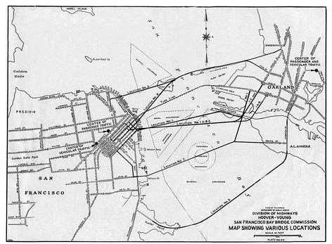 Figure 3.14. Hoover-Young Commission's Bay Bridge locations under consideration, 1930.