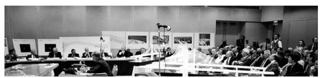 Figure 5.1. Engineering and Architecture Design Panel with physical models and renderings of proposed bridges. Also note the model of the San Francisco Bay to the far left.