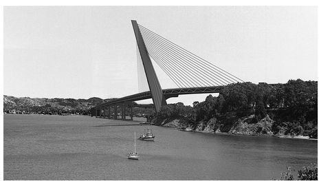 Figure 5.7. Steel single tower curved bridge, Professor Abolhassan Asl-Astaneh and Gary Black, University of California, Berkeley.