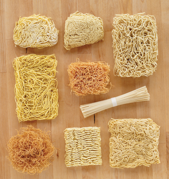 Bundles of ramen noodles, in all different sizes and shapes