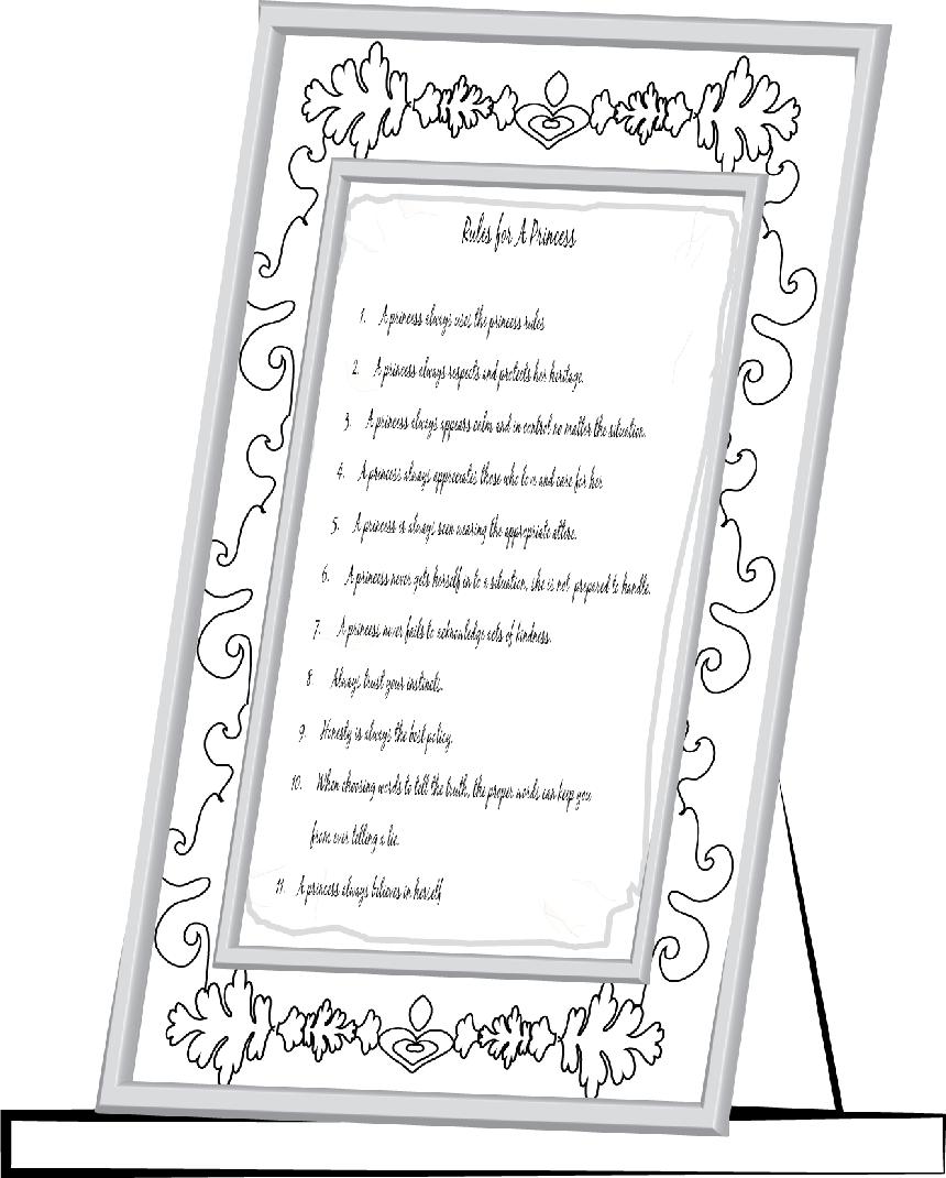 Picture of the Princess Rules in a ornate frame sitting on a shelf