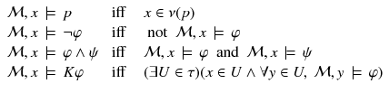 $$ \begin{array}{lll} \mathcal {M}, x\,\models \, p \ &{} \text{ iff } \ &{}\,\, x\in \nu (p)\\ \mathcal {M}, x\,\models \, \lnot \varphi \ &{} \text{ iff }\ &{} \,\,\text{ not } \ \mathcal {M}, x\,\models \, \varphi \\ \mathcal {M}, x\,\models \, \varphi \wedge \psi \ &{} \text{ iff }\ &{} \,\,\mathcal {M}, x\,\models \, \varphi \ \text{ and } \ \mathcal {M}, x\,\models \, \psi \\ \mathcal {M}, x\,\models \, K\varphi \ &{} \text{ iff }\ &{}\,\, (\exists U\in \tau )(x\in U\wedge \forall y\in U, \ \mathcal {M}, y\,\models \, \varphi )\\ \end{array} $$