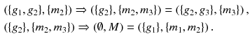 $$\begin{aligned}&(\{g_1,g_2\},\{m_2\})\Rightarrow (\{g_2\},\{m_2,m_3\}) = (\{g_2,g_3\},\{m_3 \})\,, \\&(\{g_2\},\{m_2,m_3\})\Rightarrow (\emptyset ,M) = (\{g_1\},\{m_1, m_2 \})\,. \end{aligned}$$