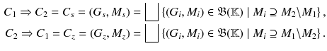 $$\begin{aligned} C_1\Rightarrow C_2 = C_s = (G_s, M_s) =\bigsqcup \left\{ (G_i, M_i)\in \mathfrak {B}(\mathbb {K})\mid M_i\supseteq M_2{\setminus }M_1\right\} , \\ C_2\Rightarrow C_1 = C_z = (G_z, M_z) =\bigsqcup \left\{ (G_i, M_i)\in \mathfrak {B}(\mathbb {K})\mid M_i\supseteq M_1{\setminus }M_2\right\} . \end{aligned}$$