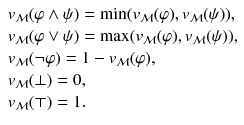 $$ \begin{array}{l} v_{\mathcal{M}}{(\varphi \wedge \psi )} = \min (v_{\mathcal{M}}{(\varphi )}, v_{\mathcal{M}}{(\psi )}), \\ v_{\mathcal{M}}{(\varphi \vee \psi )} = \max (v_{\mathcal{M}}{(\varphi )}, v_{\mathcal{M}}{(\psi )}), \\ v_{\mathcal{M}}{(\lnot \varphi )} = 1- v_{\mathcal{M}}{(\varphi )}, \\ v_{\mathcal{M}}{(\bot )}=0, \\ v_{\mathcal{M}}{(\top )}=1. \end{array} $$