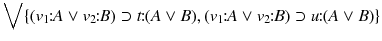 $$ \bigvee \{(v_1\!\!:\!\!A\vee v_2\!\!:\!\!B)\supset t\!\!:\!\!(A\vee B), (v_1\!\!:\!\!A\vee v_2\!\!:\!\!B)\supset u\!\!:\!\!(A\vee B)\} $$