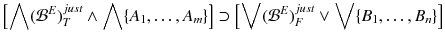 $$ \left[ \bigwedge ({\mathcal {B}}^E)^{just}_T\wedge \bigwedge \{A_1, \ldots , A_m\}\right] \supset \left[ \bigvee ({\mathcal {B}}^E)^{just}_F \vee \bigvee \{B_1, \ldots , B_n\}\right] $$