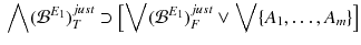 $$\begin{aligned} \bigwedge ({\mathcal {B}}^{E_1})^{just}_T \supset \left[ \bigvee ({\mathcal {B}}^{E_1})^{just}_F \vee \bigvee \{A_1, \ldots , A_m\}\right] \end{aligned}$$