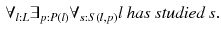 $$\begin{aligned} \forall _{l:L} \exists _{p:P(l)} \forall _{s:S(l,p)} \textit{l has studied s}. \end{aligned}$$